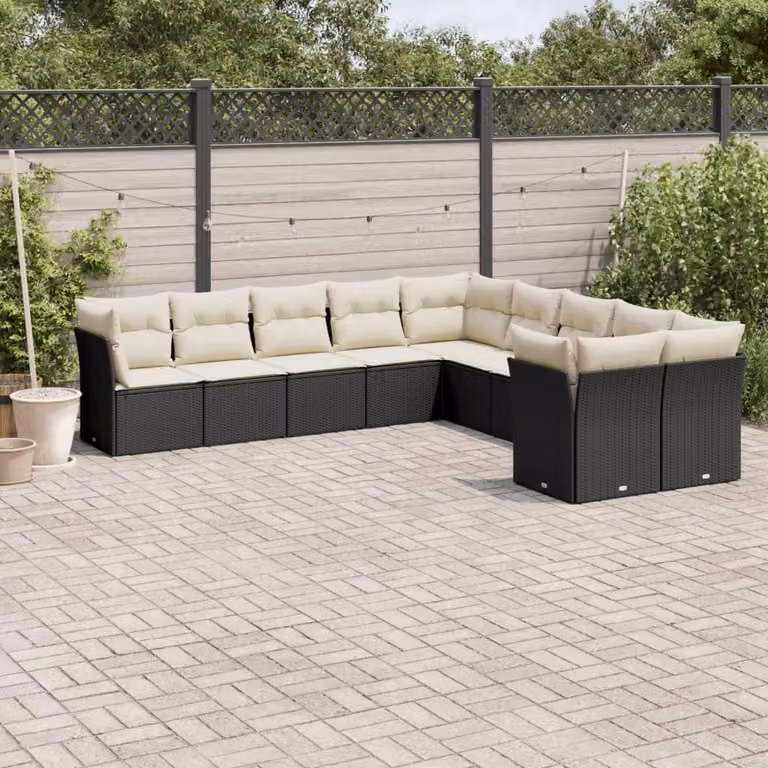 vidaXL Set di Divani da Giardino 10 Pezzi in Polyrattan Nero con Cuscini Imbottiti e Rivestimenti Rimovibili