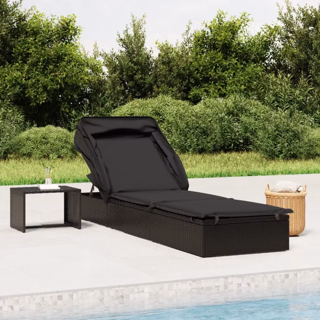 vidaXL Lettino con Tetto Pieghevole e Poggiatesta Regolabile in Polyrattan e Metallo Nero L: 213 cm, P: 63 cm, H: 97 cm