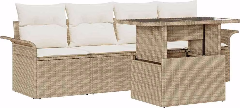 Set Divano da Giardino con cuscino 5 pcs Beige polyrattan