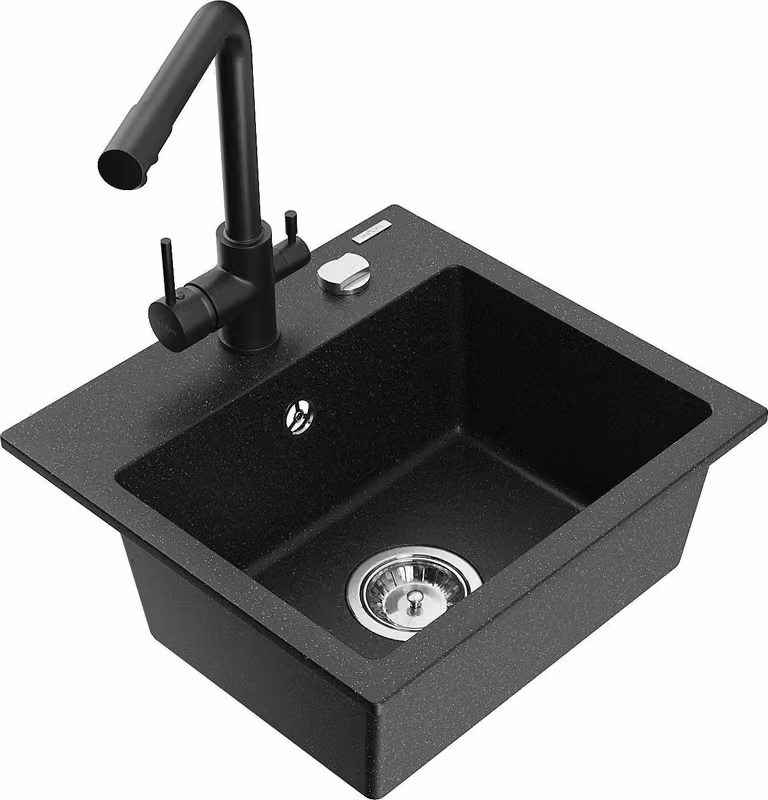 Mexen Milo lavello in granito 1-vasca con miscelatore cucina Duero, nero/argento metallizzato - 6505-73-671600-70