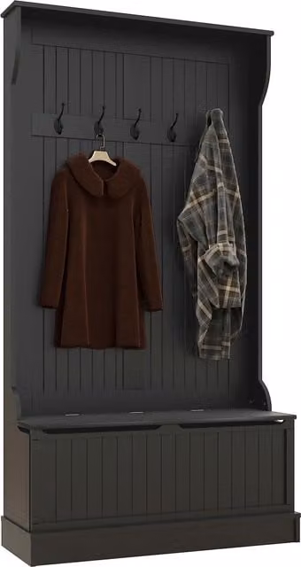 HOMCOM Attaccapanni con Panca di Archiviazione e 5 Ganci Stile Moderno Nero L: 96 cm, P: 34 cm, H: 179,7 cm