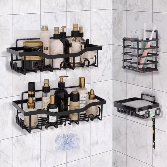 Set di accessori per il bagno, nero, 4 pezzi, senza forature, con portasapone e portaspazzolini, portashampoo, 14 ganci.