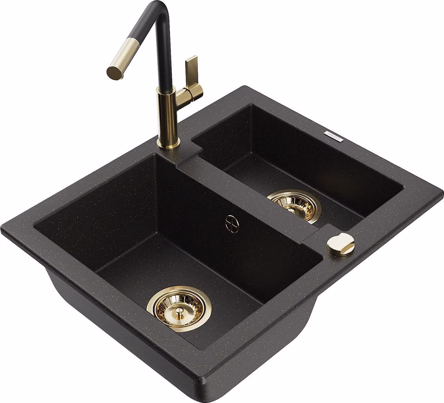 Mexen Carlos lavello in granito a 1,5 vasca con miscelatore da cucina Flora, nero/oro metallizzato - 6518-75-670401-57-G