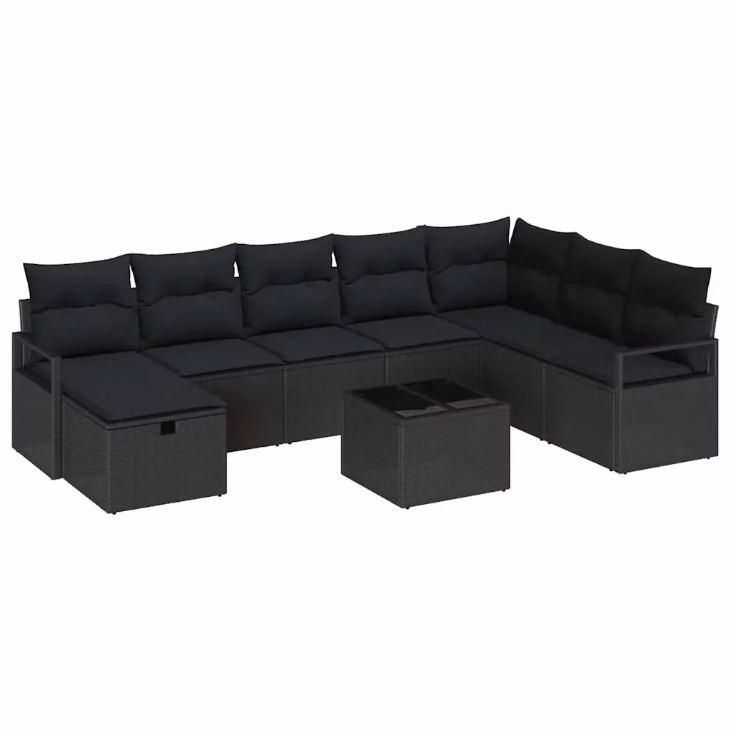 Set di divani da giardino vidaXL a forma di U con 9 pezzi, colore nero, in rattan e metallo con cuscini inclusi – 2