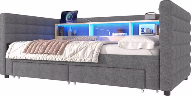 Letto a divanetto moderno in tessuto grigio con illuminazione LED, porte USB e Type-C, dotato di 2 cassetti e vani contenitore, L/P/H: 190 x 90 x 35 cm