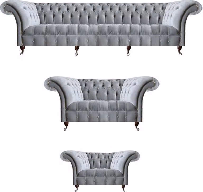Hellgraue Wohnzimmer Chesterfield Sofas Sessel 2-Sitzer Viersitzer 3tlg
