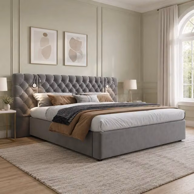 Letto matrimoniale 180x200 cm in velluto grigio con luce da lettura e contenitore idraulico