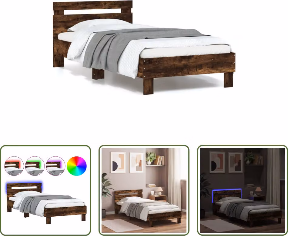 The Living Store Struttura letto con testiera e luci LED rovere fumé 90x190cm