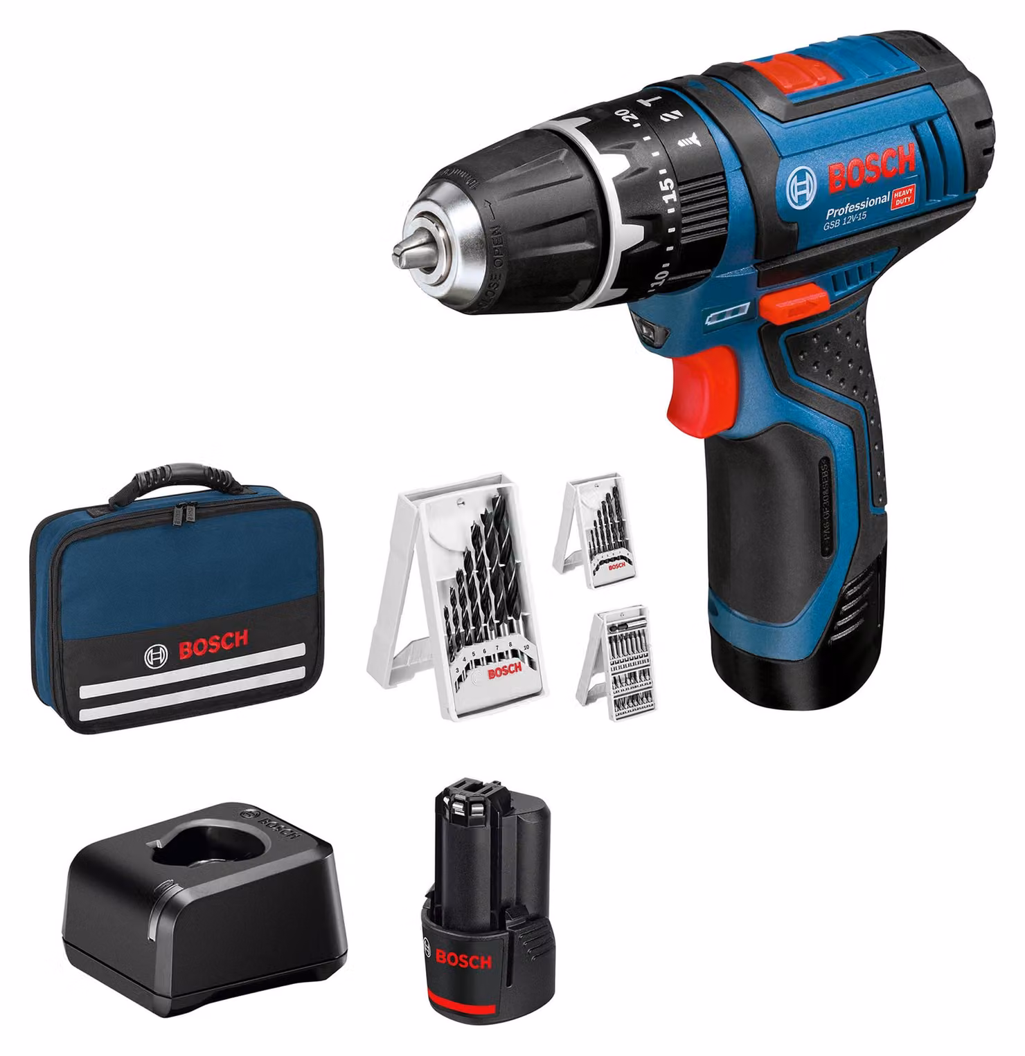 Trapano a percussione a batteria Bosch Professional GSB 12V-15, 2x2,0Ah con set di accessori da 39 pezzi in borsa, 1 pezzo, 0615990GB1