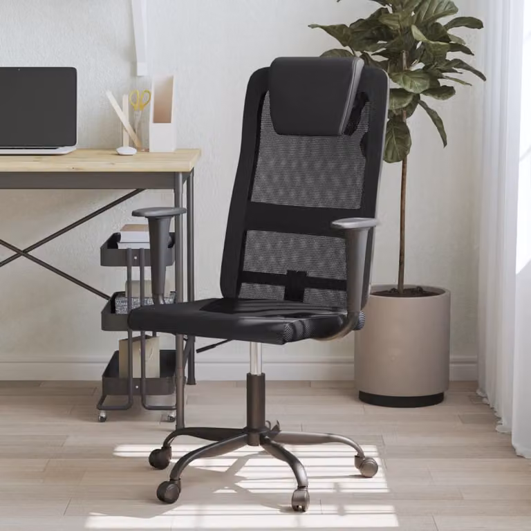 Sedia da ufficio vidaXL nera in rete e similpelle con poggiatesta e ruote, H 116 x L 68 x P 67 cm
