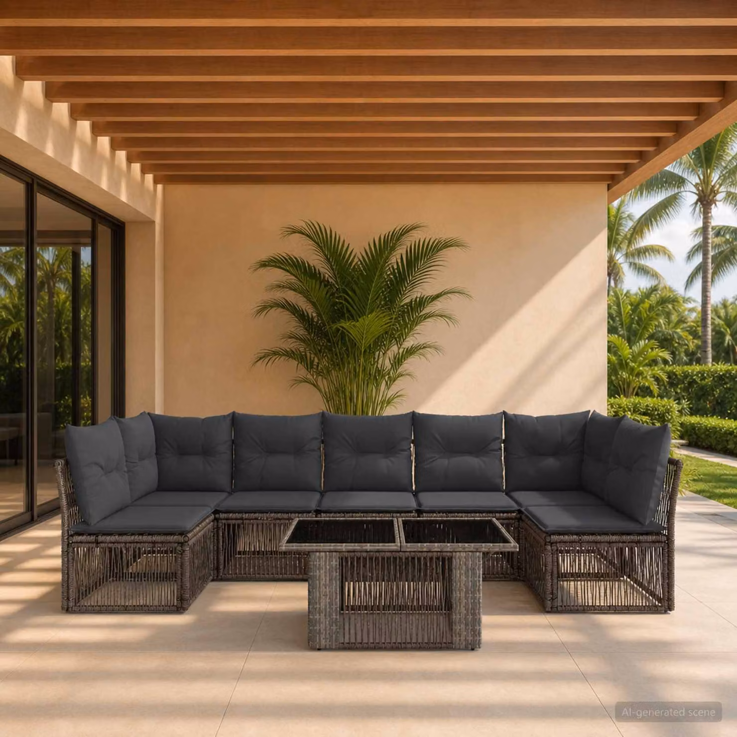 Set Divano da Giardino vidaXL 7 pz Grigio a forma di U con Tavolino e Cuscini in Polyrattan e Acciaio