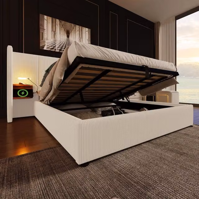 Letto contenitore REDOM in velluto a coste beige e bianco con testiera multifunzione, luce di lettura integrata, porta USB e mensola, L/P/H: 180 x 200 x 104 cm
