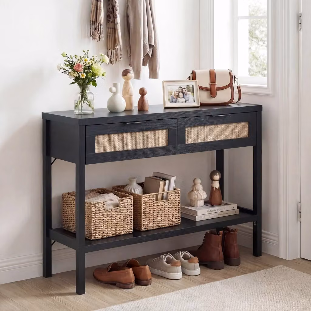 Consolle nera in legno e rattan con design minimalista per soggiorno, ingresso o ufficio, L: 100 cm, P: 35 cm, H: 76 cm – 2