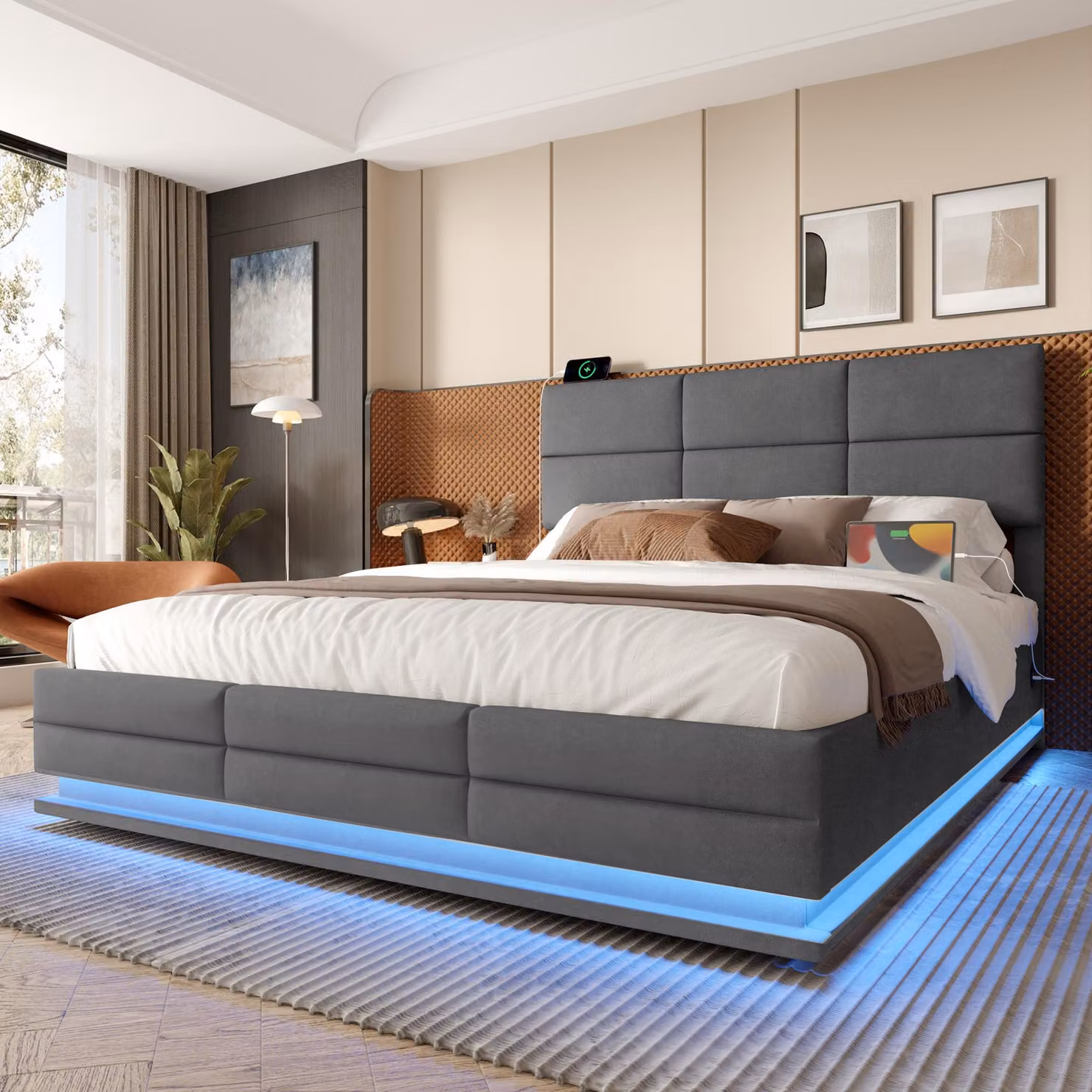 okwish Letto imbottito 160x200 con testiera regolabile, illuminazione LED, porte USB e Type-C, letto matrimoniale con spazio contenitore, grigio, senza materasso
