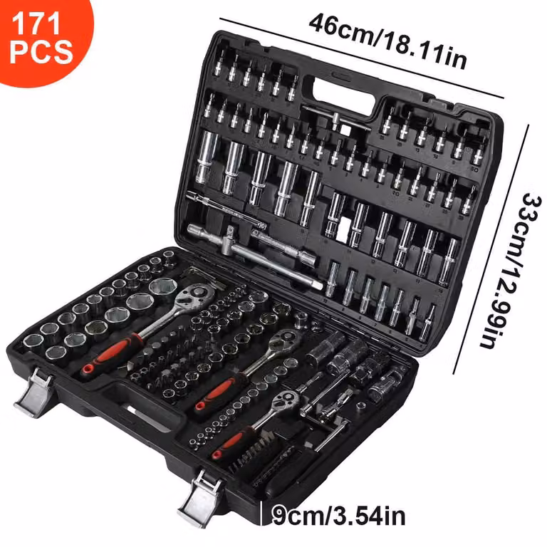 Valigetta porta attrezzi per auto, 171 pezzi - Set di chiavi a bussola con cricchetto - Acciaio al carbonio - Set professionale per riparazioni auto - Attrezzi manuali in valigetta - Nero
