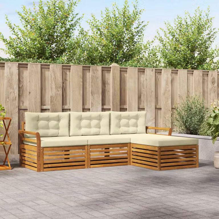 vidaXL Set di divani da esterno a L in legno di acacia con pouf e cuscini, Beige e Bianco