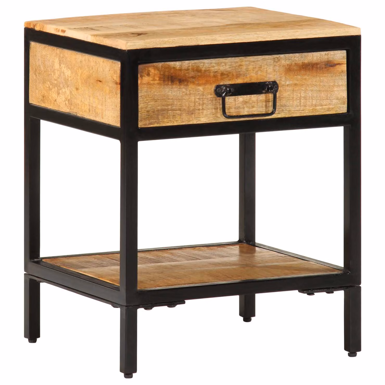 Comodino vidaXL in legno di mango e metallo stile rustico, Marrone e Nero, L 40 cm x P 35 cm x H 50 cm