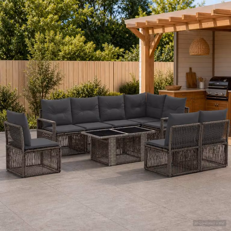 Set Divano da Giardino vidaXL 9 pz a Forma a U in Polyrattan Grigio e Antracite con Tavolino e Cuscini