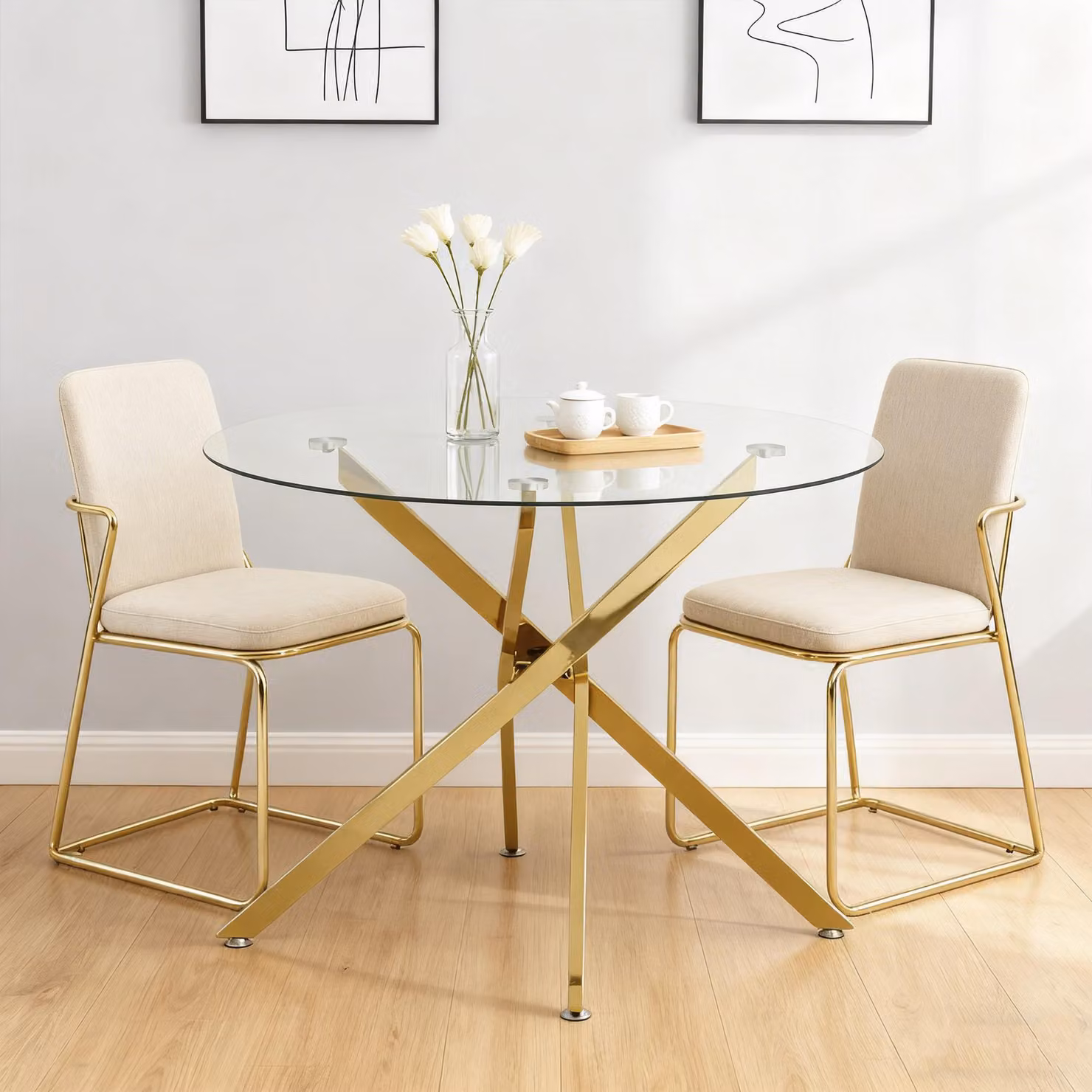 Tavolo rotondo da pranzo, vetro, gambe dorate, design minimalista