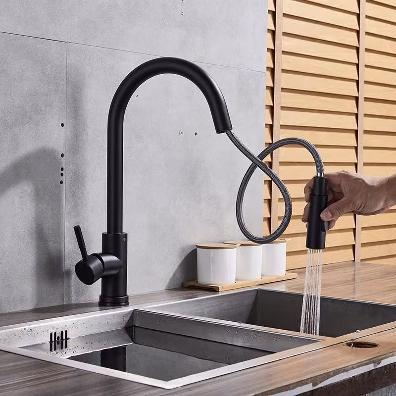 Rubinetto da cucina - Doccetta estraibile - Orientabile a 360° - Acqua calda/fredda - Monocomando - Montaggio monoforo - Cartuccia in Vetroceramica - Nero opaco