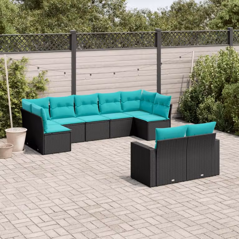 Set di divani da giardino vidaXL 9 pz con cuscini in polyrattan e struttura in acciaio nero