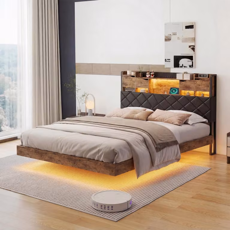 Letto sospeso ProximaX, dimensioni 140x200 cm, finitura effetto legno, con testiera contenitore, illuminazione RGB a LED e porta USB-C