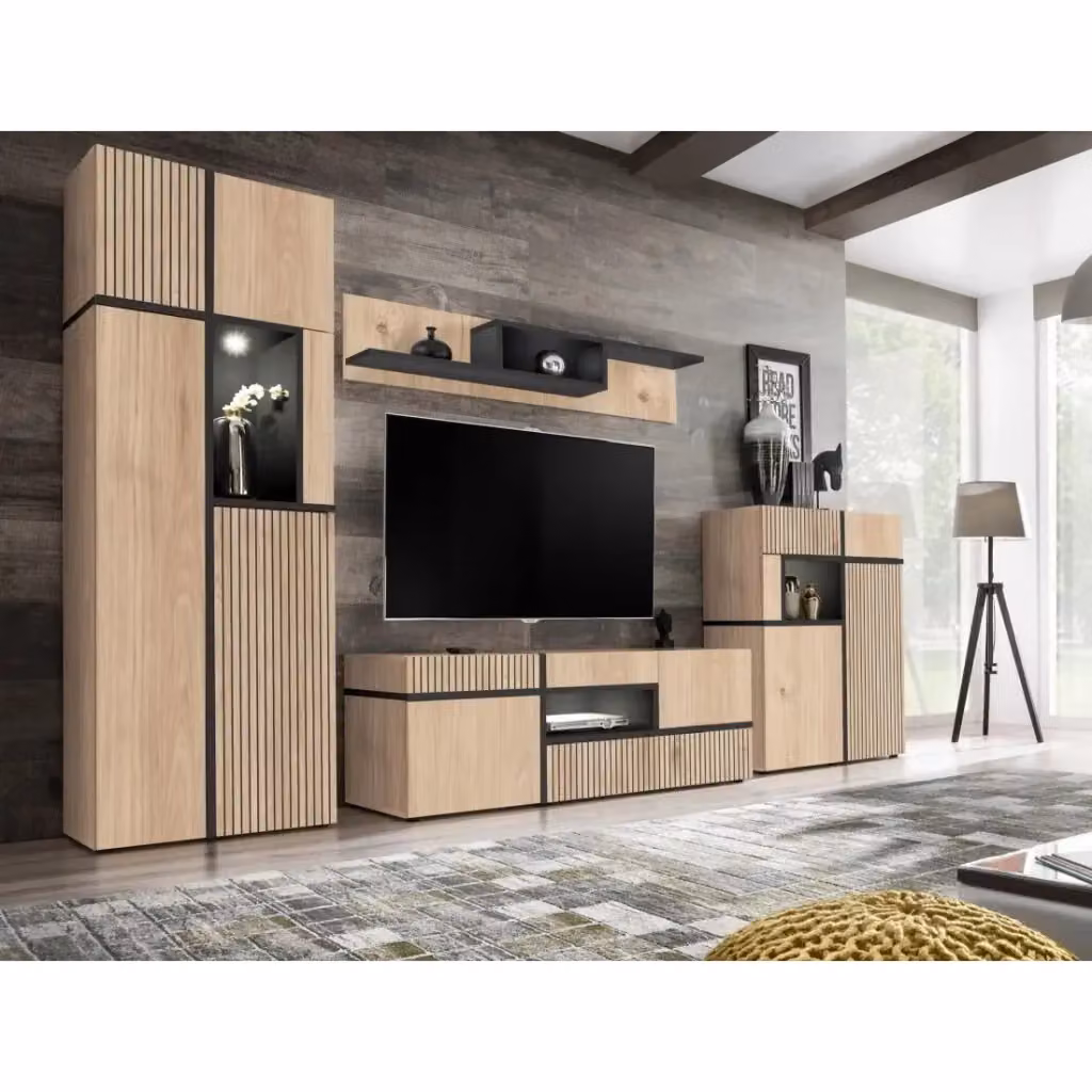 Set completo salotto CRISS Meublorama in stile industrial con Mobile TV, Buffet alto, Vetrina e Mensola da parete, Rovere chiaro e Nero con finitura opaca – 2