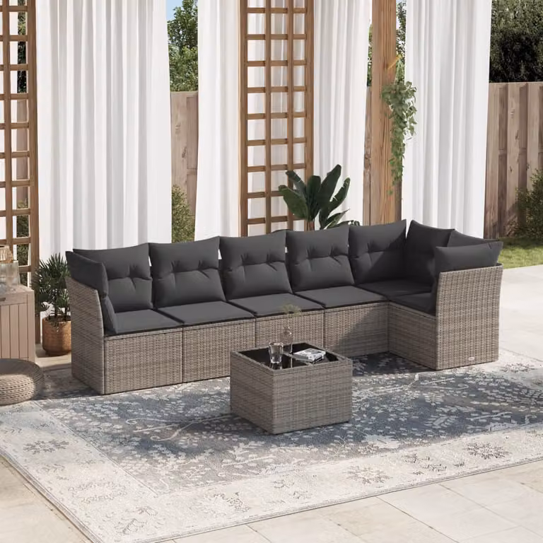 vidaXL Set Divani da Giardino 7 pz in Polyrattan Grigio con Cuscini e Tavolino da Caffè