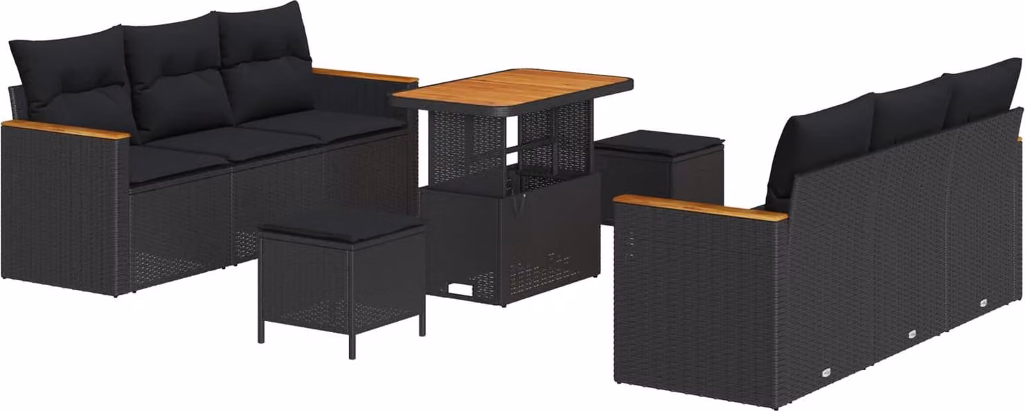 Set Divano da Giardino 9 pcs Nero polyrattan