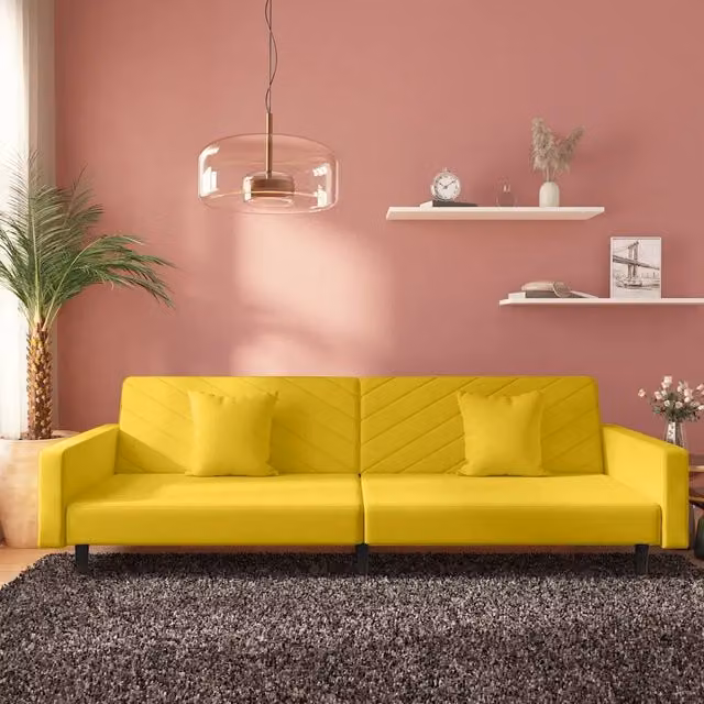 Divano Letto a 2 Posti con 2 Cuscini Giallo in Velluto 375924
