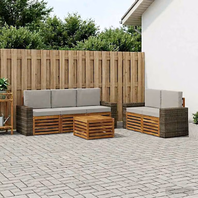 Set di divani da esterno vidaXL in legno di acacia con cuscini, composizione a L con tavolino, colori beige, grigio e marrone