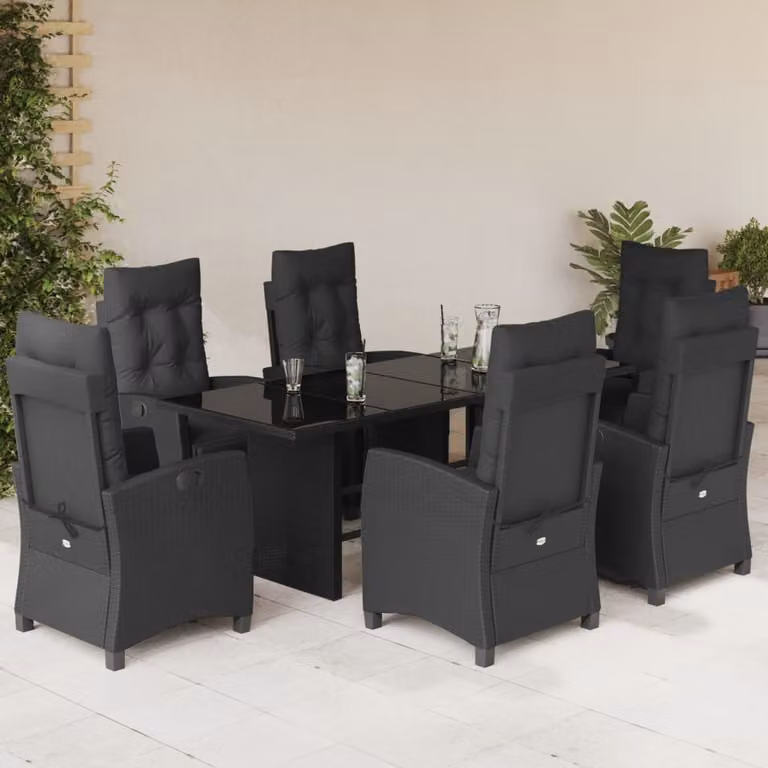 vidaXL Set da Pranzo da Giardino 7 pz in Polyrattan Nero con Cuscini e Tavolo in Vetro
