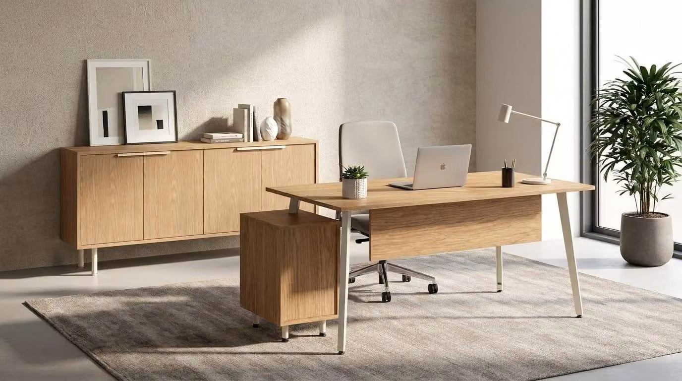 Set di alta qualità per l'ufficio: scrivania, mobiletto laterale, cassettiera, in legno, colore marrone