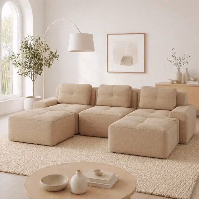 Divano modulare cloud in corduroy con pouf; 293x177x69 cm; beige