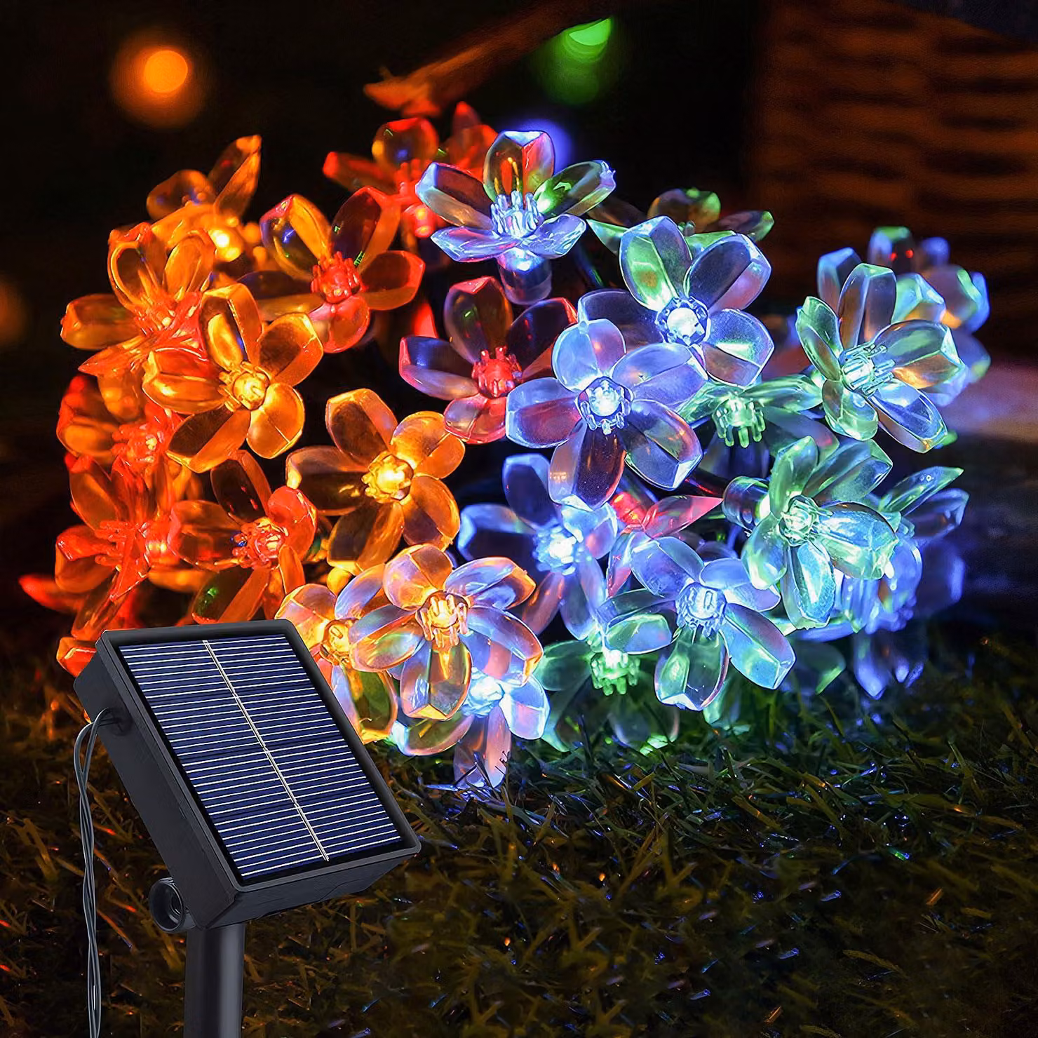 Catena luminosa solare a forma di fiori di ciliegio, 14 metri, 120 LED colorati, grado di protezione IP65
