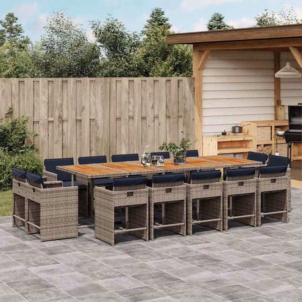 Set da pranzo da giardino vidaXL 15 pz in polyrattan con cuscini grigi e legno di acacia
