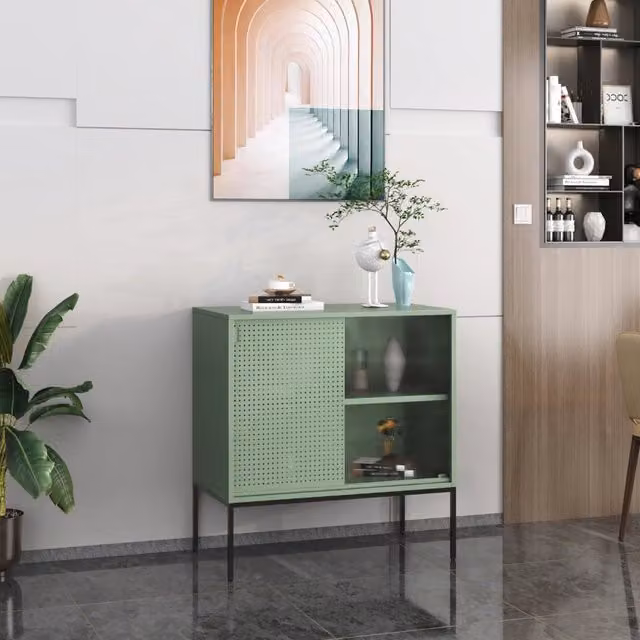 Credenza Eidsvoll en.casa in acciaio con anta scorrevole verde e nera L: 85 cm, H: 80 cm, P: 45 cm