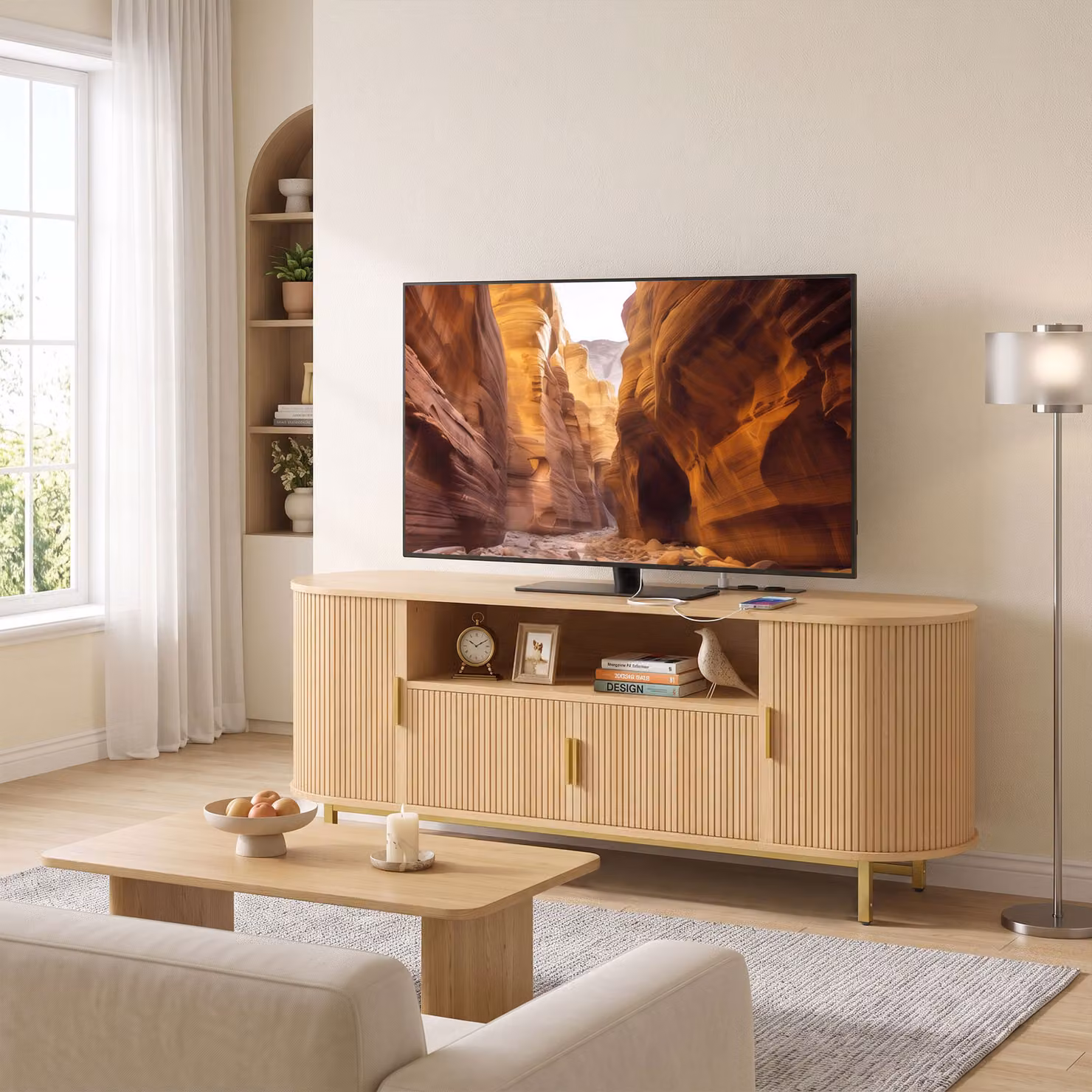 Mobile TV HOMCOM in rovere con 2 ante battenti, 2 ante scorrevoli e 2 prese, L 140 x P 40 x H 55 cm – 2