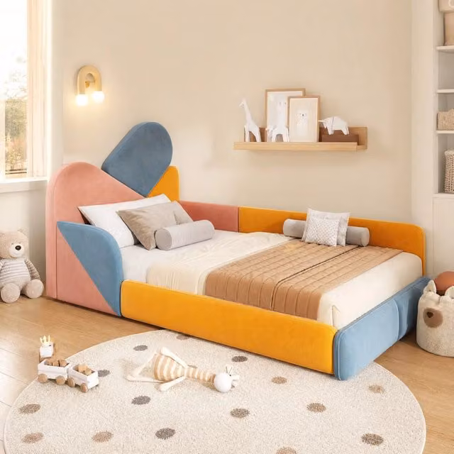 Letto imbottito per bambini 90x200 cm in velluto patchwork blu, rosa e arancione