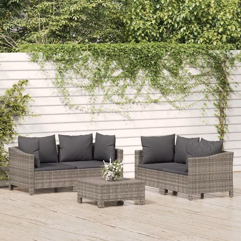Set Divani da Giardino vidaXL 5 pz in Polyrattan e Metallo con Cuscini Grigio