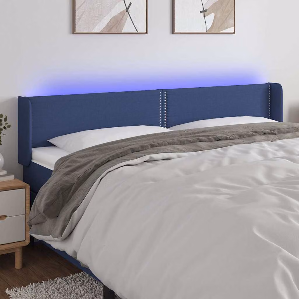 Testiera per letto vidaXL in tessuto blu con illuminazione LED integrata e porta di ricarica USB, L: 183 cm, P: 16 cm, H: 78-88 cm