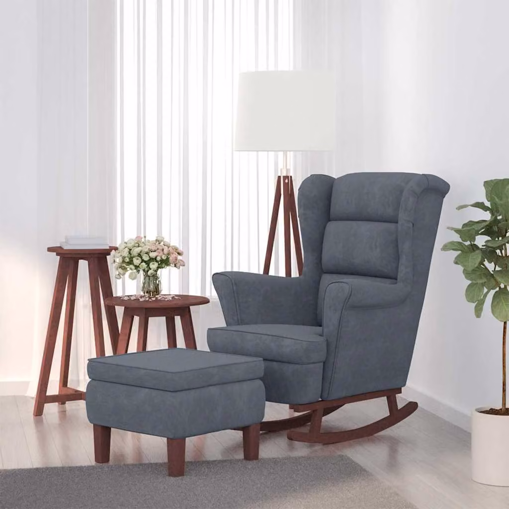vidaXL Sedia a dondolo con schienale alto in velluto grigio scuro e pouf incluso con struttura in legno massiccio – 1