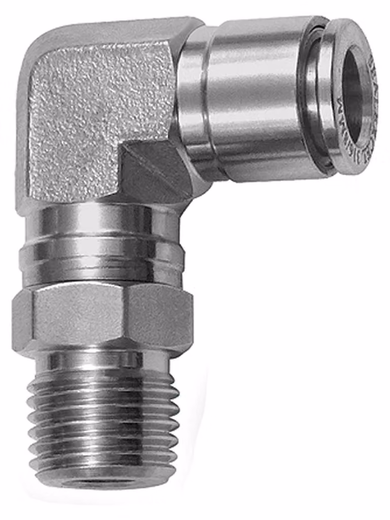 Raccordo a L Riegler, girevole, R 1/2 a., guaina Ø 10, ES 1.4404