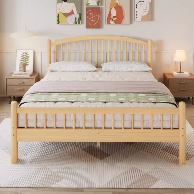 Letto matrimoniale 140 × 200 cm in pino massello con testiera a griglia, senza materasso, naturale beige
