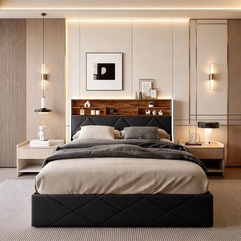 Letto matrimoniale con rete a molle INONEFT, 160x200 cm, con illuminazione LED e porte USB/Type-C, struttura imbottita, contenitore a letto, sistema di sollevamento idraulico, adatto anche per ragazzi, rivestito in PU, colore nero.