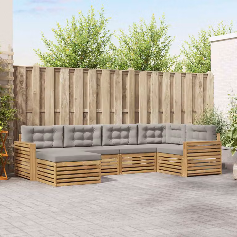 vidaXL Set di divani da esterno a L con pouf 6 pz in legno di acacia Bianco e Grigio