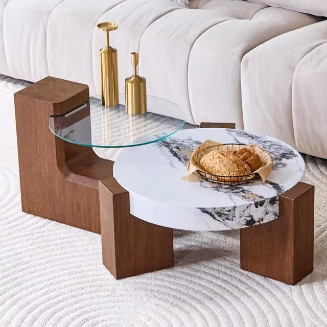 Set 2 tavolini da salotto ULEVR rotondi separabili, tavolino 61x30 cm con vetro di sicurezza e MDF effetto noce e marmo bianco