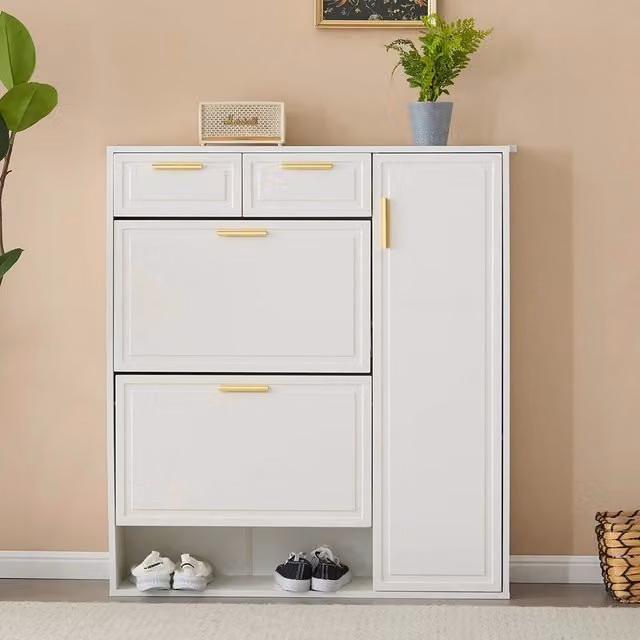 Armoire ?? chaussures pliante - Xylo - L95xP24xH107 - Bianco - Ripiani regolabili, maniglie dorate