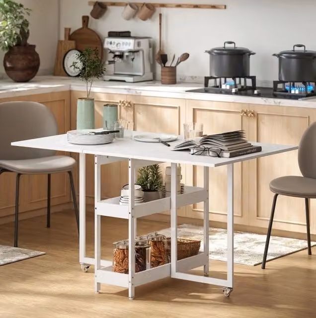 Tavolo da pranzo pieghevole ULEVR 133,4x80x75 cm, 2 vani aperti, bianco, con 2 ruote con freno