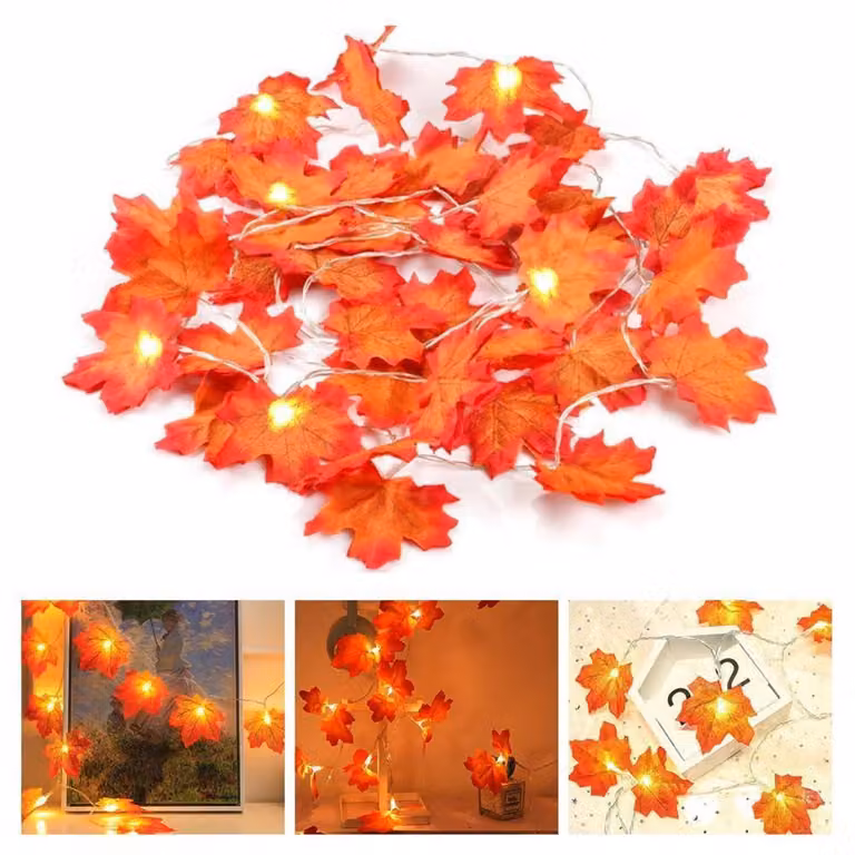Catena luminosa a tema autunnale, 6 metri, 40 LED a forma di foglie di acero, alimentata a batteria, ideale per decorazioni